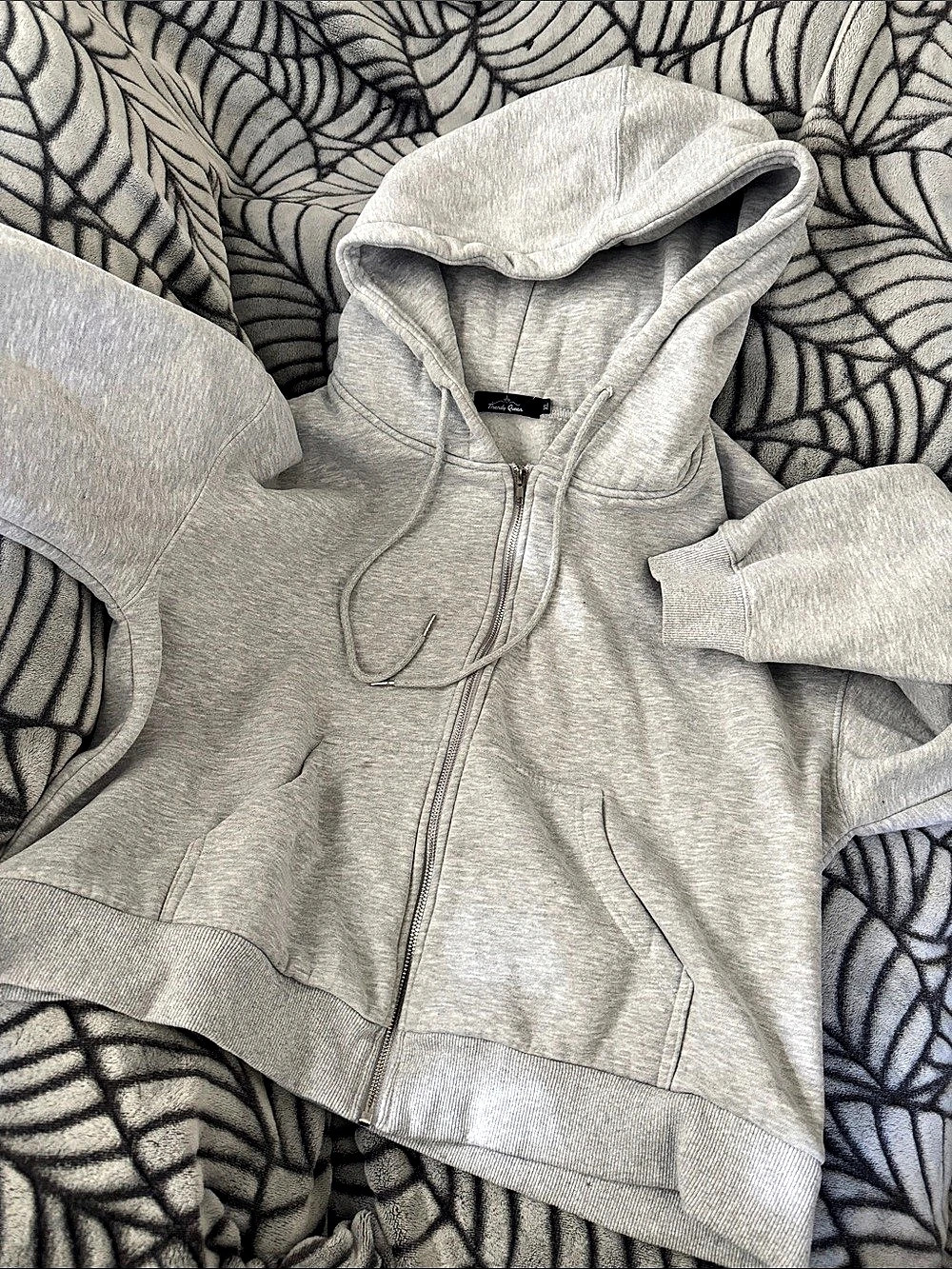 Oversized Full Zip Up Cropped Hoodie Gray Size XL - Thick & Warm